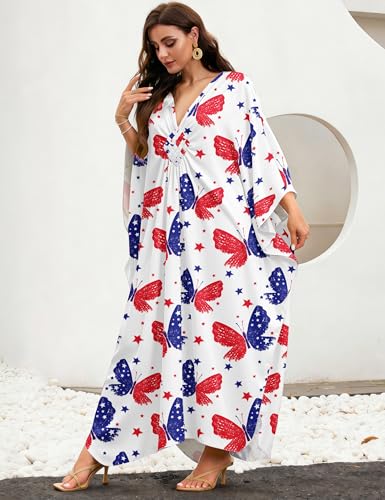 Image of MAKABO Kaftan Dresses for Women, V Neck Moo Moos Colorful Print Cover Ups Caftan Beach Dresses for Swimwear