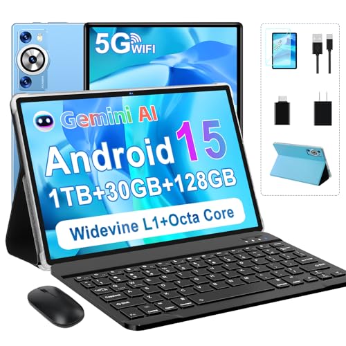 Android 15 Tablet 30GB RAM 128GB ROM 1TB TF, 2025 Electronics Tablets 10.1 Inch 8000mAh with Keyboard Mouse, 2.0GHz, 5G WiFi, BT 5.0, GMS Certified, Incell Display, Gemini AI - Metal Blue