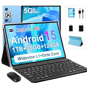 Android 15 Tablet 30GB RAM 128GB ROM 1TB TF, 2025 Electronics Tablets 10.1 Inch 8000mAh with Keyboard Mouse, 2.0GHz, 5G WiFi, BT 5.0, GMS Certified, Incell Display, Gemini AI – Metal Blue