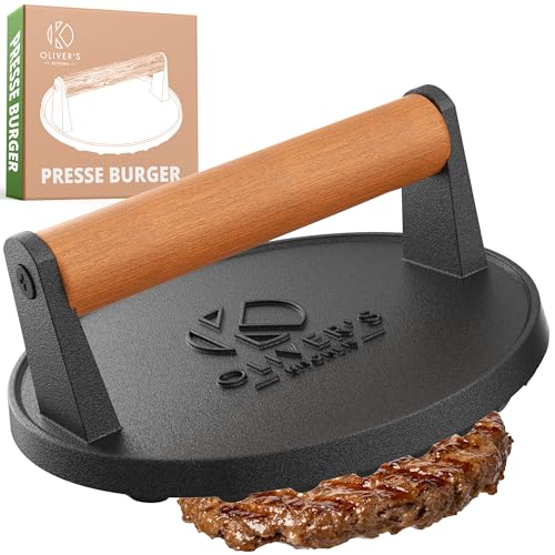 Oliver's Kitchen ® Presse Burger - Moule Steak Haché Premium, Robuste, en Fonte pour Écraser les Burgers Facilement - Poignée Confortable et Base Antiadhésive pour les Chefs Barbecue et Grillades