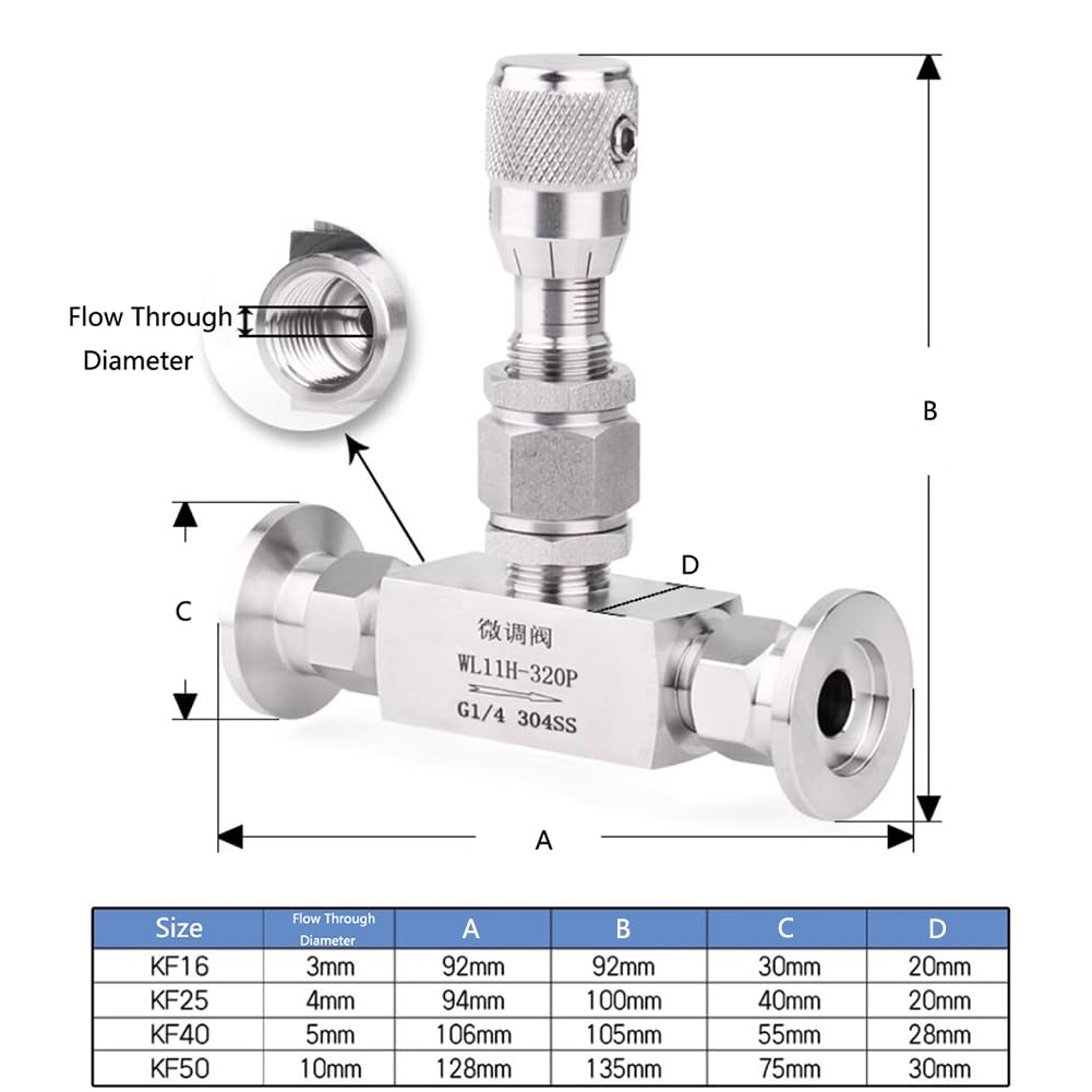 Válvula de aguja de vacío, controlador regulador de flujo de micrometría para agua, gas, aceite, válvula de aislamiento de acero inoxidable 304, ajuste KF40