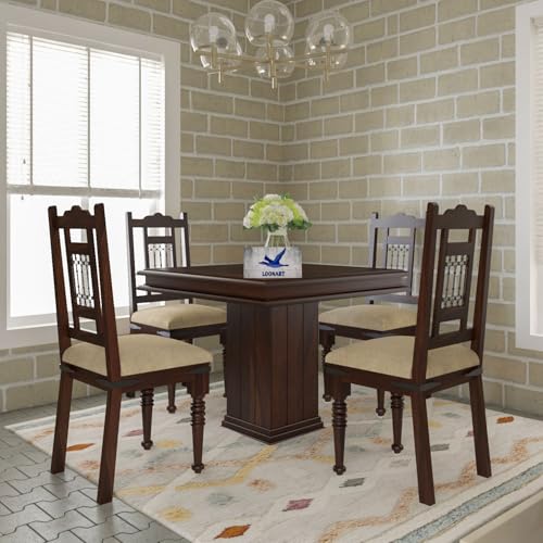 Image of Loonart Solid Sheesham Wood 4-Seater Dining Table Set with Pillar Base |Handcrafted Wooden Dining Furniture with Walnut Finish |Compact Dining Set for Home| Kitchen Or Apartment Use|