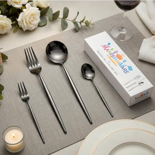 Image of Classic Black 20 Pcs Stainless Steel Cutlery Set for Dining Table, Dishwasher Safe Glossy Flatware (Perfect Spoon Fork Set)