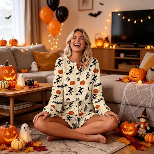 Image of Roshop Halloween Pajama Women's Pumpkin Matching Top & Shorts Loungewear Set