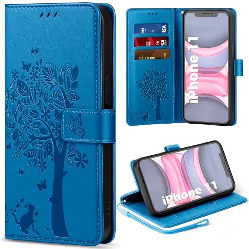 EASDNB Handyhülle für iPhone 11 Hülle Flip Lederhülle Wallet Case mit [3 Kartenfächer] [Magnet] [Ständer] Premium Leder Prägung Schutzhülle Klapphülle für iPhone 11 6.1 Blau