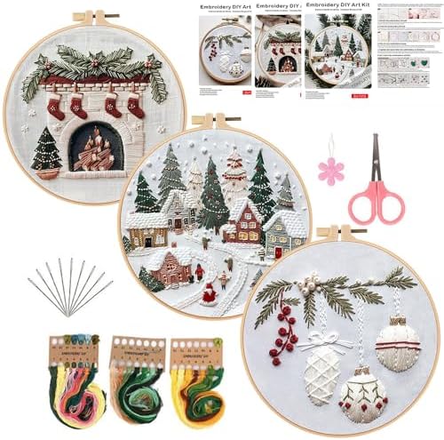 Konrisa Crewel Christmas Embroidery Kits for Adults Beginner, Snowhouse Fireplace Christmas Decoration Stamped Embroidery Kit,DIY Sewing Practice, Needlepoint Cross Stitch Kit,Set of 3