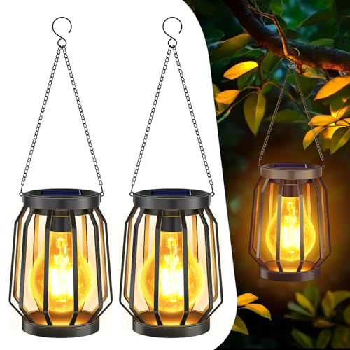 Solarlampen für Außen Hängend, 2 Stück Garten Deko Solarlaterne mit Größer LED Glühbirne, IP65 Wasserdicht Solarleuchten, Warmweiß Beleuchtung für Draußen, Hof, Balkon, Terrassen- Schwarz Metall