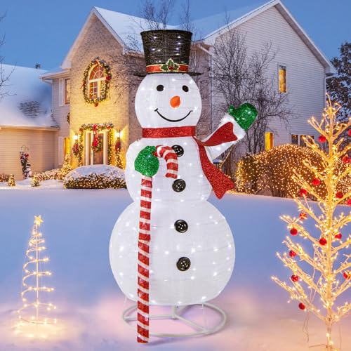 COSTWAY Bonhomme de Neige Éclairé 150 cm, Décoration de Noël pré-éclairée avec 180 Lumières LED Chapeau et Écharpe, Décoration Intérieure/Extérieure de Noël...
