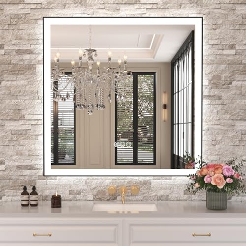Amorho 36"x36" LED Bathroom Mirror with Black Frame, Front Light