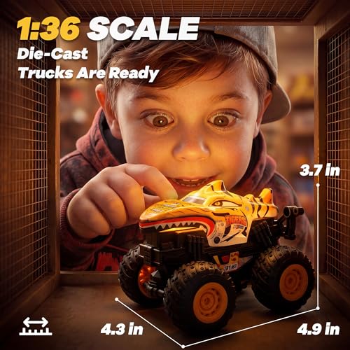 BEZGAR 3 Pack Monster Truck Toys - 1:36 Scale Push and Go Toy Cars with Giant Wheels and Cool Designs, Friction-Powered Cars with Light & Sound for Boys and Girls, Kids Toys for Ages 2+ — view 2