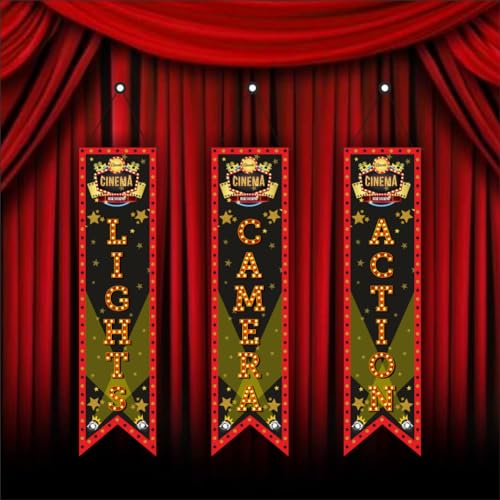 Image of Bollywood Light Camera Action Movie Night Porch Sign Banner | Bollywood Backdrop for Movie Party Decorations (Pack of 5, Multi Color, Size: 5x1 Feet)