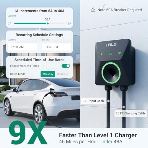 Image of Level 2 EV Charger for Tesla, 48Amp /11.5KW /240V, UL /ETL /Energy Star | Wall Charger Supports Power Sharing & Dynamic Load Balancing, Temp Sensors, WiFi Smart APP, Scheduled Charging, Hardwired