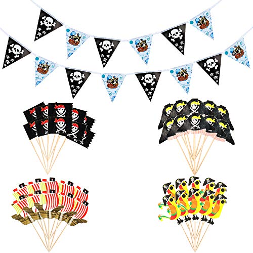Vordas Welecoco 40pcs Magdalena del Pastel del Tema del Pirata Topper Cupcake Picks +1Pcs Pirate Flag Banner (Length 400cm)para niños cumpleaños Party Decoraciones de la Torta