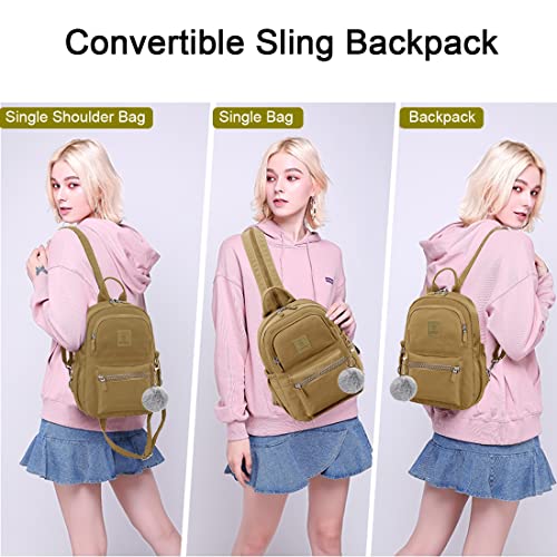 Sunwel Fashion Sling Bag Mini Backpack Casual Daypack Chest Bag With Detachable Pom Pom Ball Keychain For Women (Khaki) #TOP5