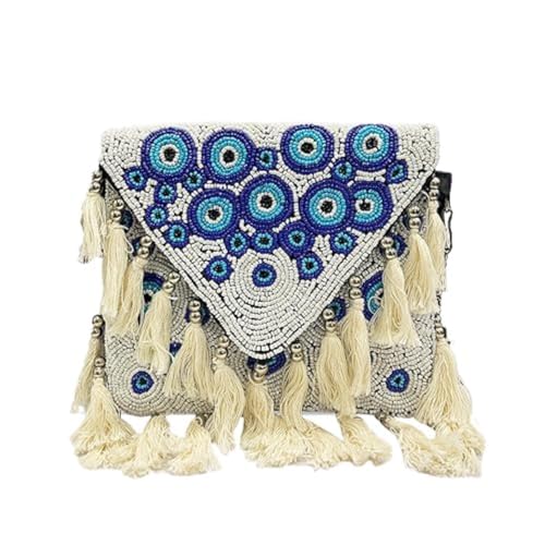 Image of Maresse Handcrafted Evil Eye Beaded Crossbody Boho Purse - Bohemian Tassel Bag for Women with Chain - Unique Style Shoulder Handbag - Trendy Festival Fashion Accessories & Chic Essentials