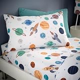 Happy Linen Company Par de fundas de almohada estándar reversibles estándar para niñas y niños, planetas cósmicos, color blanco