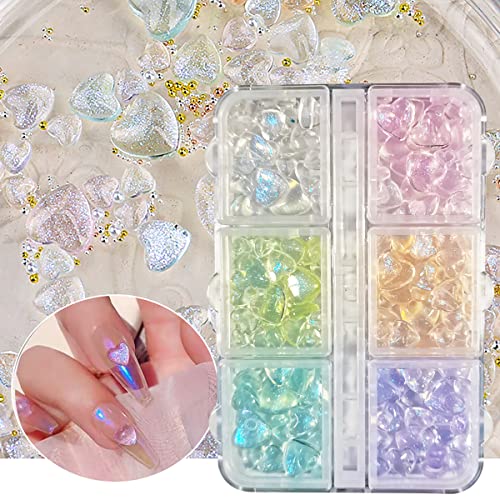 SANNXIX 3D Aurora Heart Nail Charms 200 Pcs Shiny Heart Nail Art Gems 6 Colors Crystal Glitter Valentines Day Nail Art Decoration Supplies Nail Rhinestone Acrylic Nail DIY & Salon