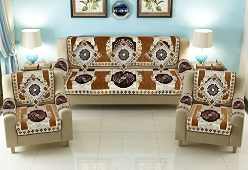 Image of SAWNA Homes Chenille Sofa Cover with Cushion - 3+1+1 Sofa Covers Back 5 Seater Slipcovers for Home - 3 Seater & 2 Seater Protector Panels for Sofa Couch, 16 Piece, Brown