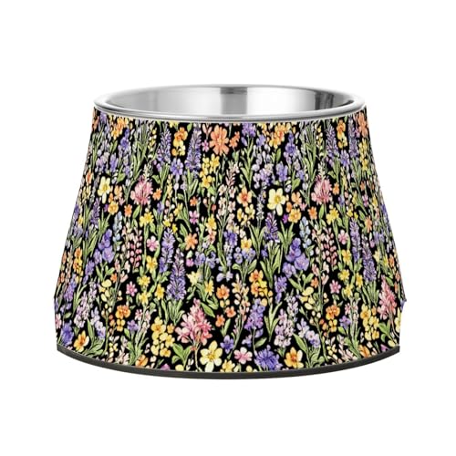 Flowers Orchid Lavender Hosta Black Feeder Dogs Bowls Elevated Stainless Steel Cat Food Dishes for Slow Feed Dogs Comfort Feeding