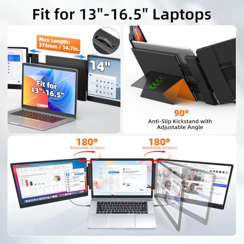 undefined ZUMWALT Laptop Screen Extender, 14" Triple Portable Monitor for Laptop, 1080P FHD Screen Extender Monitors for 13"-16.5", Monitor Extender for MacOS/Windows/Chrome (Built-in Speakers) の商品画像 3