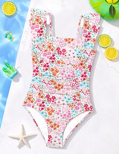 Image of NECIOUS Girls Swimsuit Ruffle Adjustable Straps One Piece Bathing Suit Solid Color Ruched Girls' Swimwear 9-16Y
