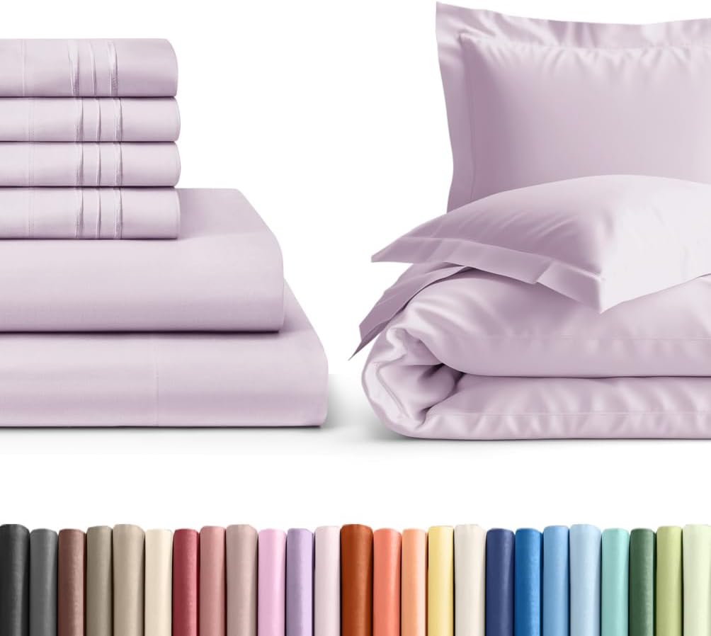 6 Piece Light Lavender Queen Bed Sheet Set with Duvet Cover - 21” Extra Deep Pockets - 1 Flat, 1 Fitted Sheet & 4 Pillowcases - Oeko-TEX - Ultra Soft & Wrinkle Free - Hotel Luxury Bedding - Easy-Care