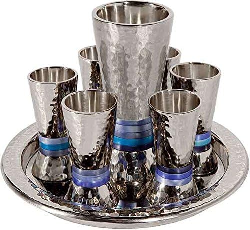 Yair Emanuel Hammered Nickel Cone Shaped Kiddush Set - Blue Rings