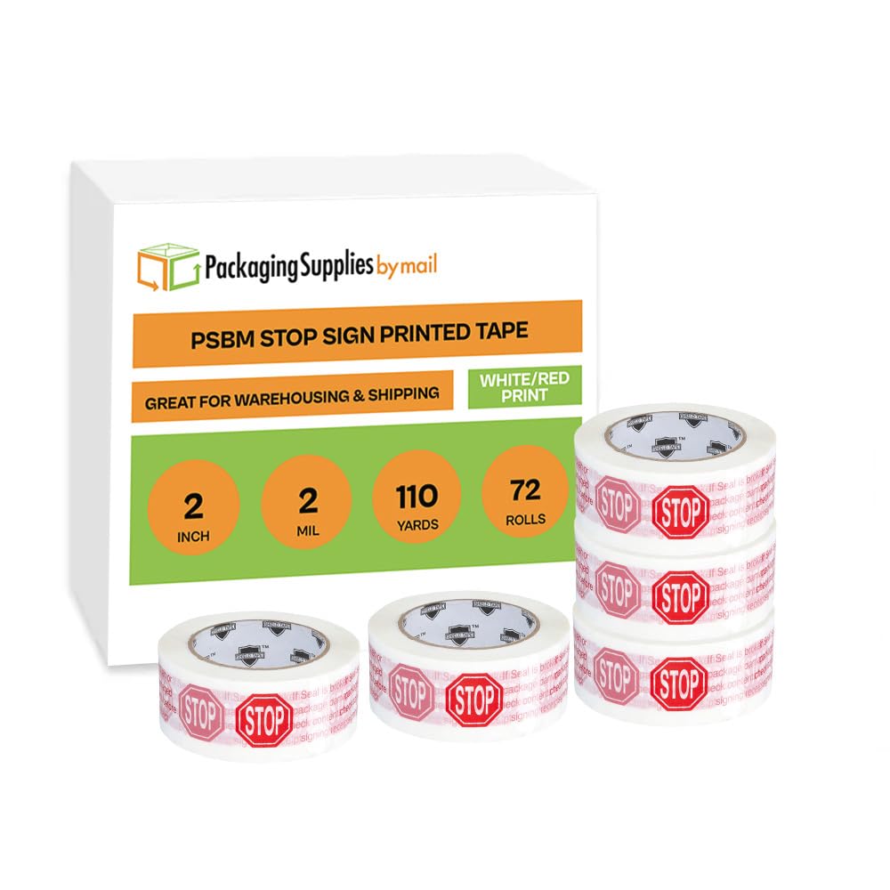 PackagingSuppliesByMail PSBM Broken Seal Printed Tape, 2 Inch x 110 Yards, 72 Pack, Stop Sign Seal is Broken Check Contents in Red Letters on White Tape, Great for Shipping and Packaging