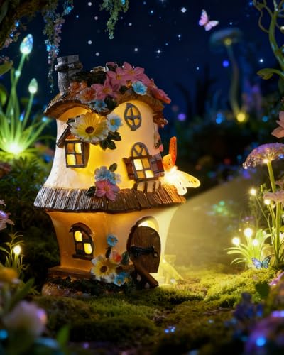 Solar Fairy Houses for Outside,FHNQRQN,8.3in,Fairy Garden Houses Outdoor,for Outdoor Garden Statues Decor, Miniature Gnomes Decorations Accessories,Decorations for Yard, Kids
