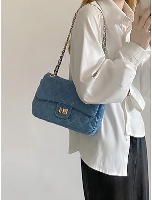 Y2k Purse Women's Small Shoulder Bag, Quilted Crossbody, Denim Wallet, Tote Bag with Chain Shoulder Strap