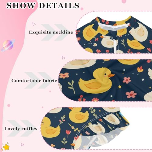 Duck Flowers Pattern Girls Long Sleeve Swimsuit Rash Guard One Piece Bathing Suits Zipper 3-12T4