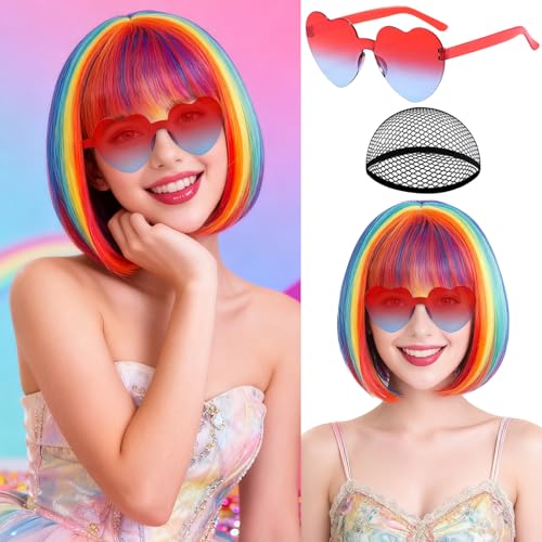 Image of PLULON Colorful Bob Wig with Heart Sunglasses for Women Men, Colorful Short Funny Bob Wigs with Bangs Black Hair Cap Colored Cosplay Hairpieces for Christmas Halloween Costume Neon Bachelorette Party