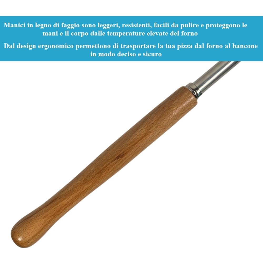 Paluplus Set 4 Pale Pizza in Alluminio Con Manici in Legno di Faggio, Lunghezza 120 cm - Kit Con Pala Rettangolare, Rotonda, Spazzola per Forno e Spargi Brace - Made in Italy