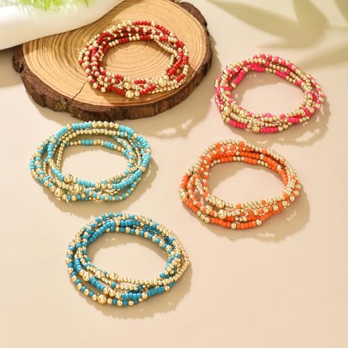 Caiyao Bohemia Multilayer Resin Beaded Stackable Bracelets Set Colorful Surfer Heishi Gold Beaded Stretch Bracelets Friendship Elastic Wristbands for Women Men Summer Beach Boho Vacation Jewelry3