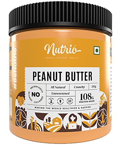 Image of Nutrio 100% Natural Peanut Butter Unsweetened 350gm (Crunchy) || Made with 100% Roasted Peanuts | No Added Sugar | No Added Salt | No Added Oils | Zero Cholesterol | Vegan (350 GM)