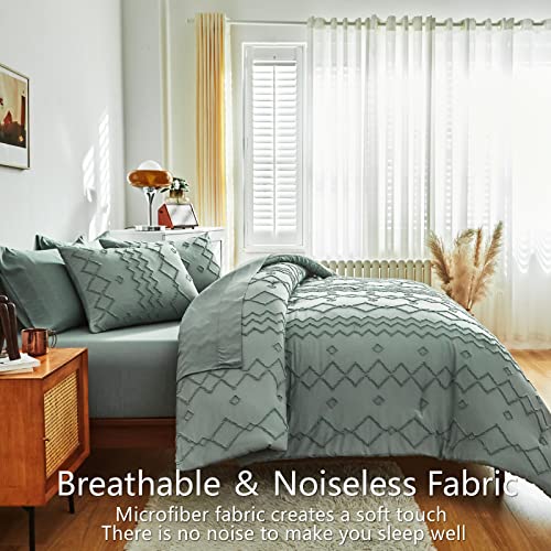 Aikasy Green Tufted Bed In A Bag Queen,Geometry Embroidery Comforter Set 7 Pieces，Boho Shabby Chic Comforter Bedding Sets, Soft Microfiber Comforter For All Seasons (Green, 90"X90") #TOP5