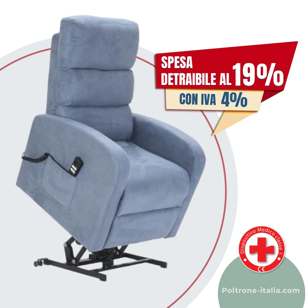 POLTRONE ITALIA Poltrona Relax Elettrica 4 ruote reclinazione poltrona per anziani soggiorno elevabile Detraibile 19% microfibra Azzurro
