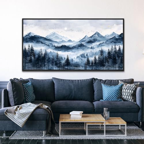 ERQINHUA Canvas Wall Art For Bedroom Large Wall Decor For Living Room Modern Office Mural Misty and Fog Forest Painting Mountain Landscape Picture Artworks Home Decor Black Framed Ready To Hang