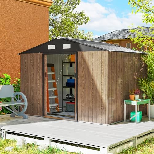 Outsunny 9' x 6' Garden Storage Shed with Foundation Kit, Metal Tool Storage House with Double Doors and Ventilation Slots for Outdoor Patio Yard, Teak