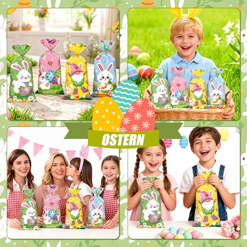 150 Stück Cellophantüten Ostern Mit 150 Bindedrähte - 4 Designs Geschenktüten Ostern, Plätzchen Tüten, Ostertüten Zum Befüllen, Osterkörbchen Für Süßigkeiten & Geschenke - Osternester Zum Befüllen
