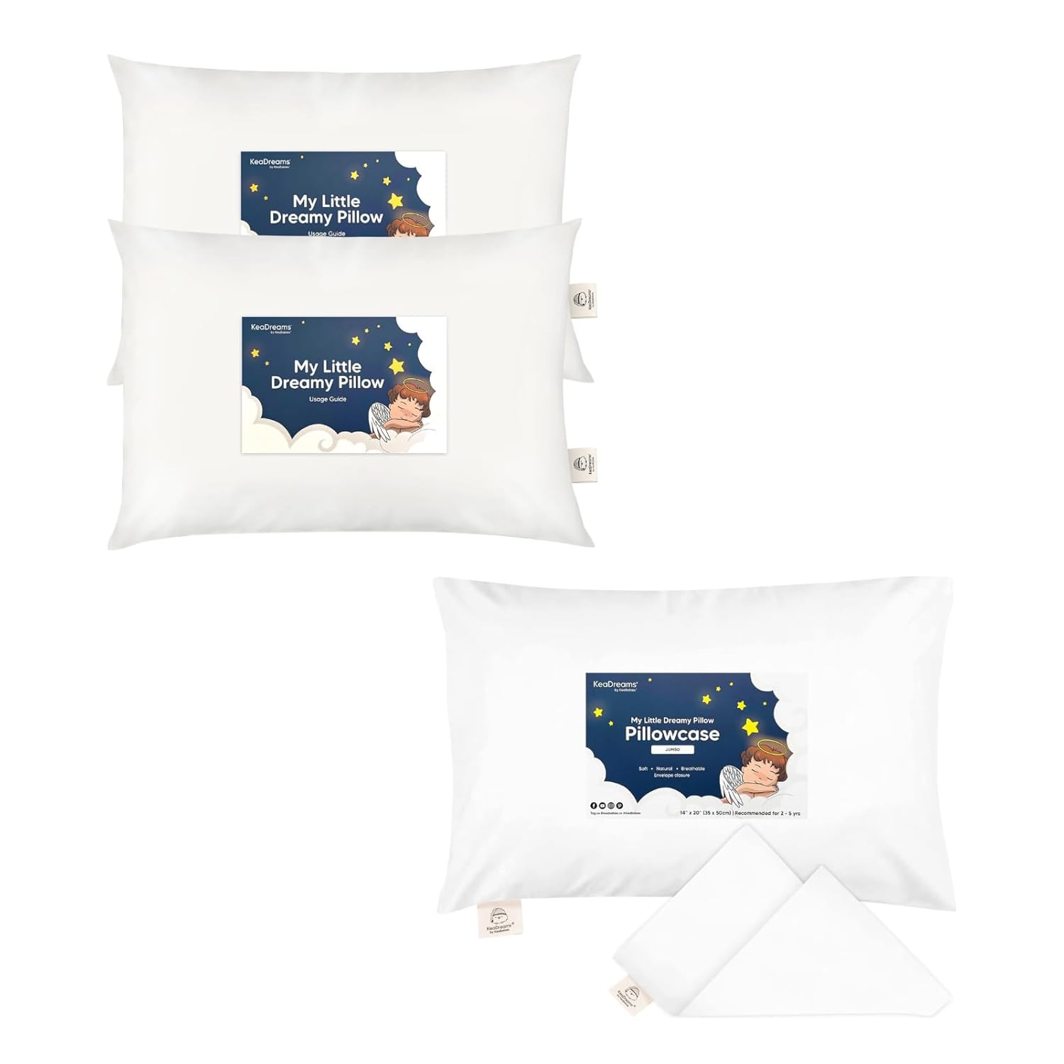 Keababies 2-Pack Toddler Pillow and Toddler Pillowcase for 14X20 Pillow - Soft Organic Cotton Toddler Pillows for Sleeping - Organic Jumbo Toddler Pillow Case for Boy, Kids