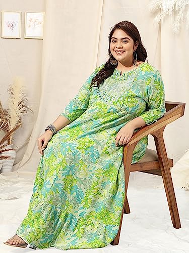 Image of MIRCHI FASHION Plus Size Women's Cotton Sequins Embroidered Foil Printed Anarkali Kurti