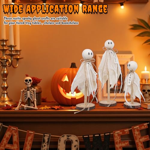 Wooden Ghost Halloween Decorations Indoor– Set of 3 $3.99 Sizes Rustic Shelf Sitters with Fabric Ghost Figures - image 7