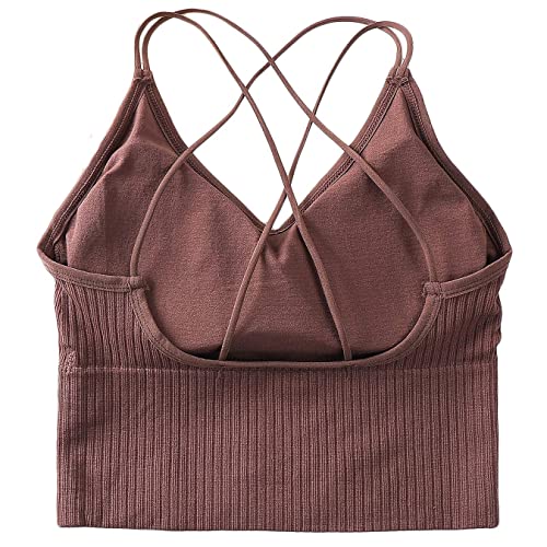 Foto von Sport BH Damen Bustier BH Ohne Bügel Sport Bra Top Spaghettiträger Cross Back Design Push up BH für Yoga Fitness, 3er Pack-Grau+weiß+kaffee-Einheitsgröße