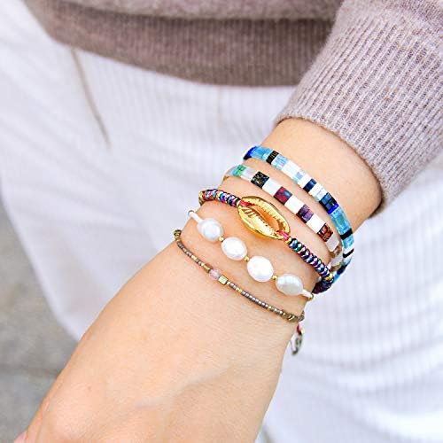 KELITCH Bracciale Amicizia Bohémien Con Ciondolo Labbra Bacio E Perline Conchiglia - Regolabile, Fatto A Mano - Idea Regalo Mare