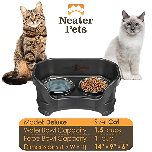 Neater Feeder Deluxe For Cats - Mess Proof Pet Feeder With Stainless Steel Food & Water Bowls - Drip Proof, Non-Tip, And Non-Slip - Midnight Black #TOP1