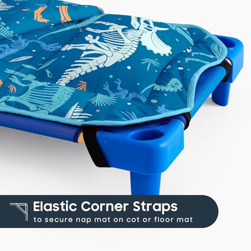 Wake In Cloud - Cot Nap Mat with Pillow and Blanket, for Toddler Kids Boys in Daycare Kindergarten Preschool Pre K with Elastic Corner Straps, Colorful Dinosaur Prehistoric Fossil, Teal Blue