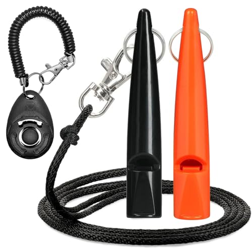 AHEJIOO Lot de 2 sifflets pour chien contre les aboiements avec clicker et 1 cordon - Rappel de secoueur - Sifflet réglable contre les aboiements - Pour la formation du chien (orange/noir)