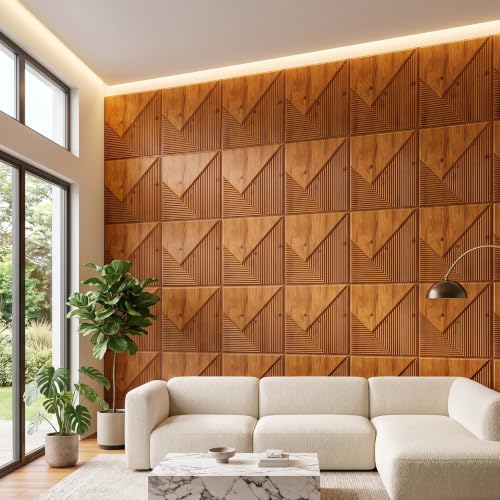 Image of Kayra Decor 3D PVC Wall Panels for Bedroom & Living Room | Plaina Design | Teak Wood Color | 19.7 x 19.7 Inch | Pack of 12 | 32.28 Sq Ft