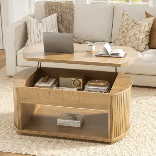 FABATO Oval Lift Top Coffee Table with Storage, Mid Century Modern Coffee Table for Living Room, 2 Tier Center Table with Lift-Top, 41.7